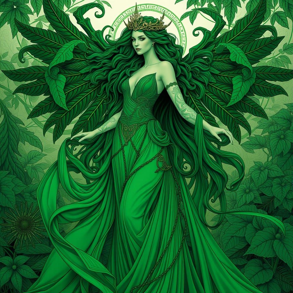 Ethereal Green Goddess in Art Nouveau Style