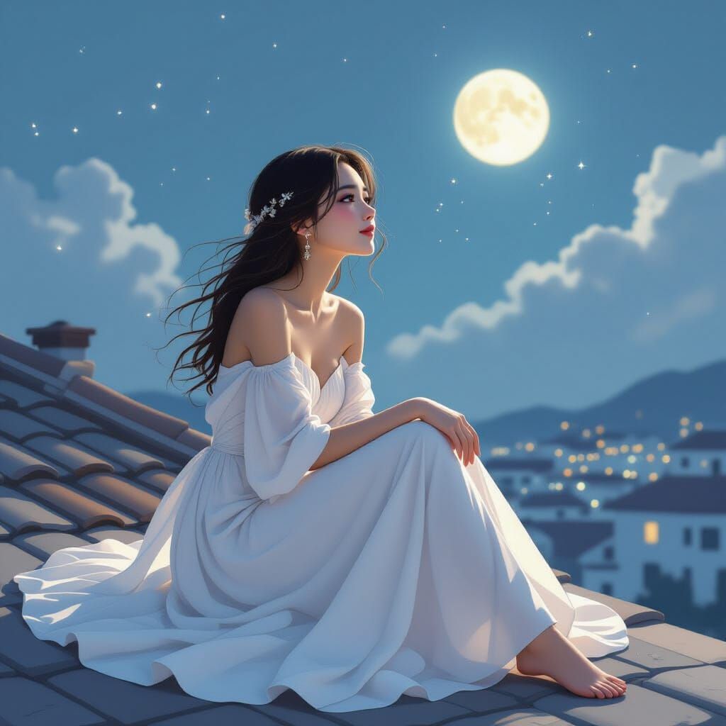 Woman Gazing at Moon in Dreamy Illustration Style