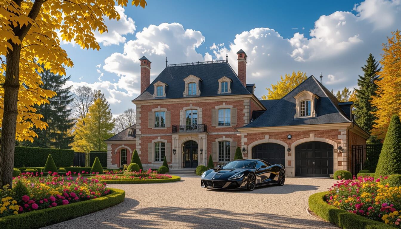 Grand Chateau with Black Supercar and Vibrant Garden