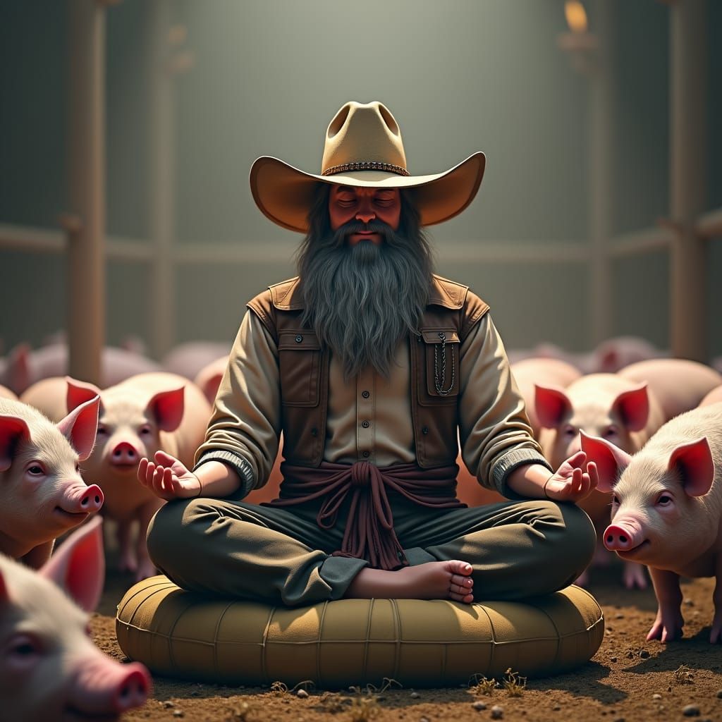 Meditating Cowboy in Pig Pen: Fantasy Concept Art