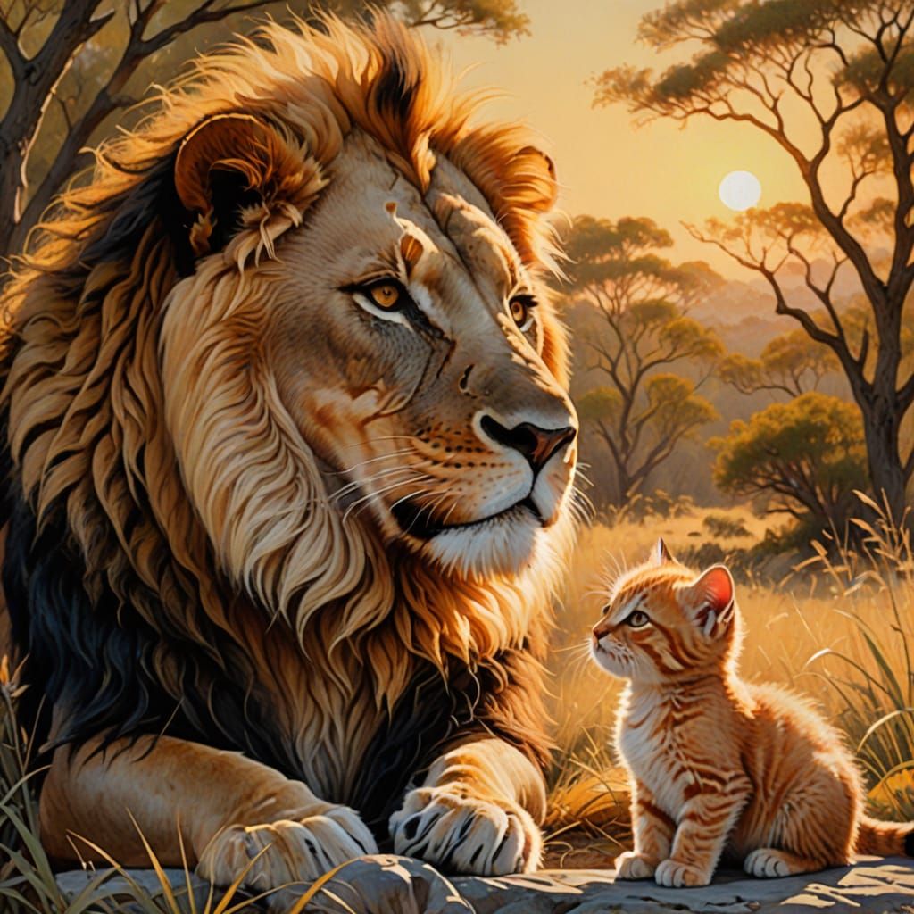 Majestic Lion Greets Tiny Kitten in Oil Painting Style
