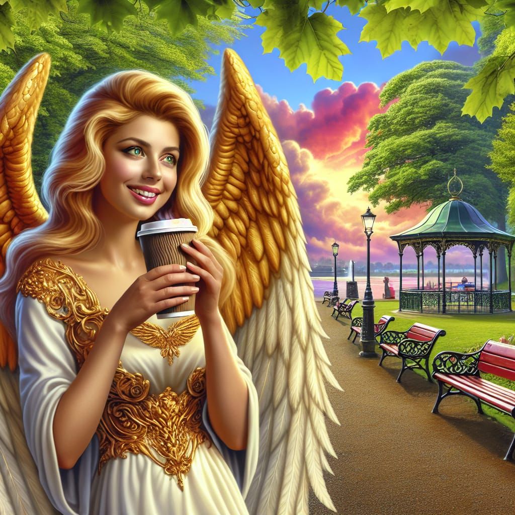 Angel Sipping Coffee in a Sunny Park