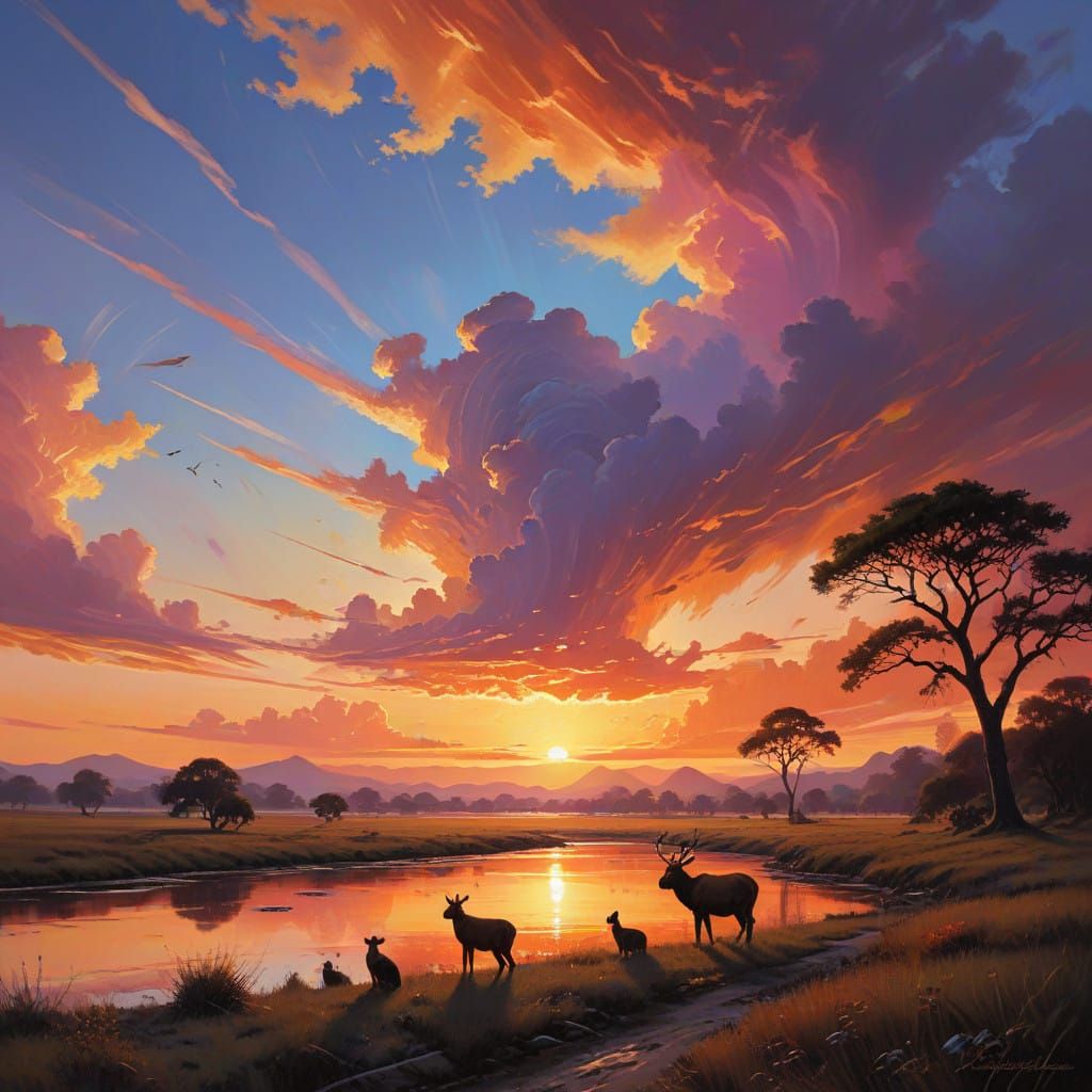 Sunset Scene with Silhouetted Animals in Dreamy Impressionis...