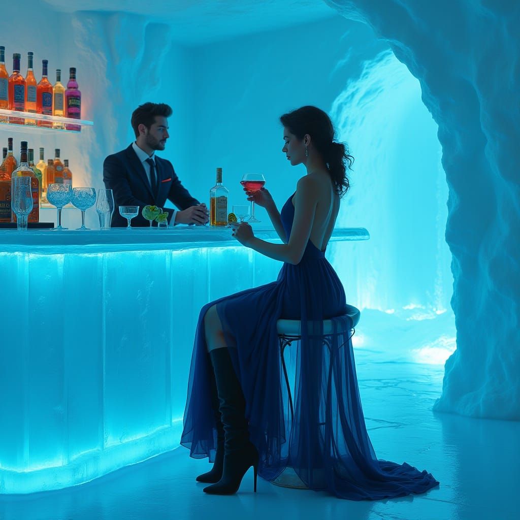 Woman in Blue Dress at Ice Bar, Digital Art