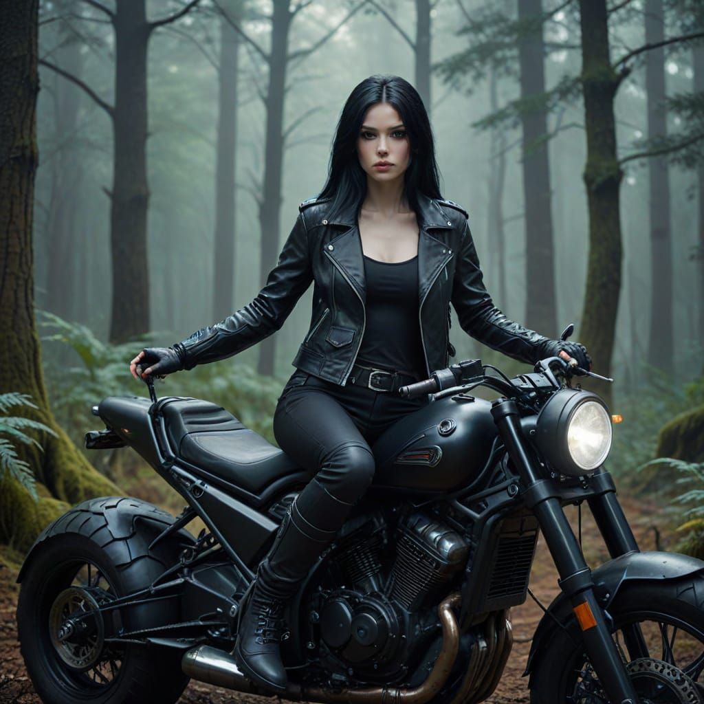 Dark Fantasy Cosplayer on Futuristic Motorcycle