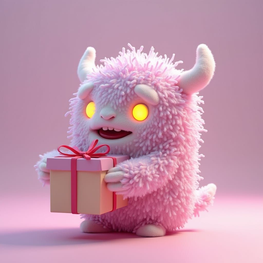 Fluffy Sugar Cube Monster Holding a Gift in 3D Art