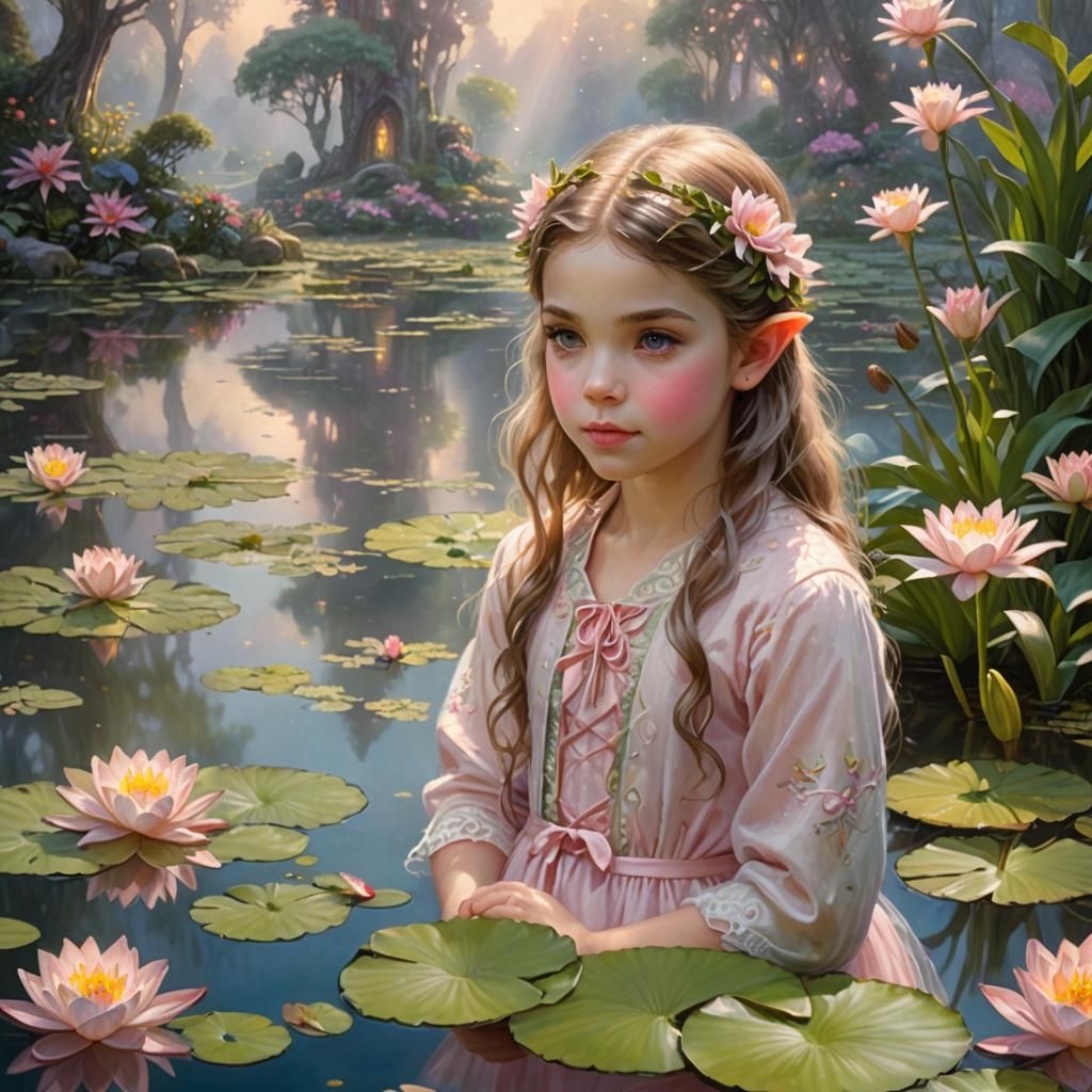 Ethereal Elf Girl Reflected in Lily Pond