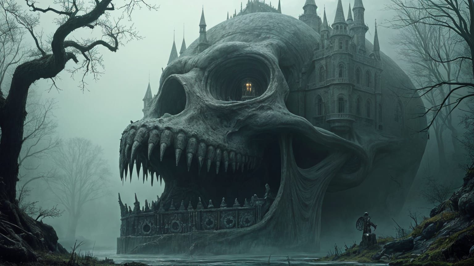 Surreal Gothic Castle within a Giant Skull in a Dark Swamp