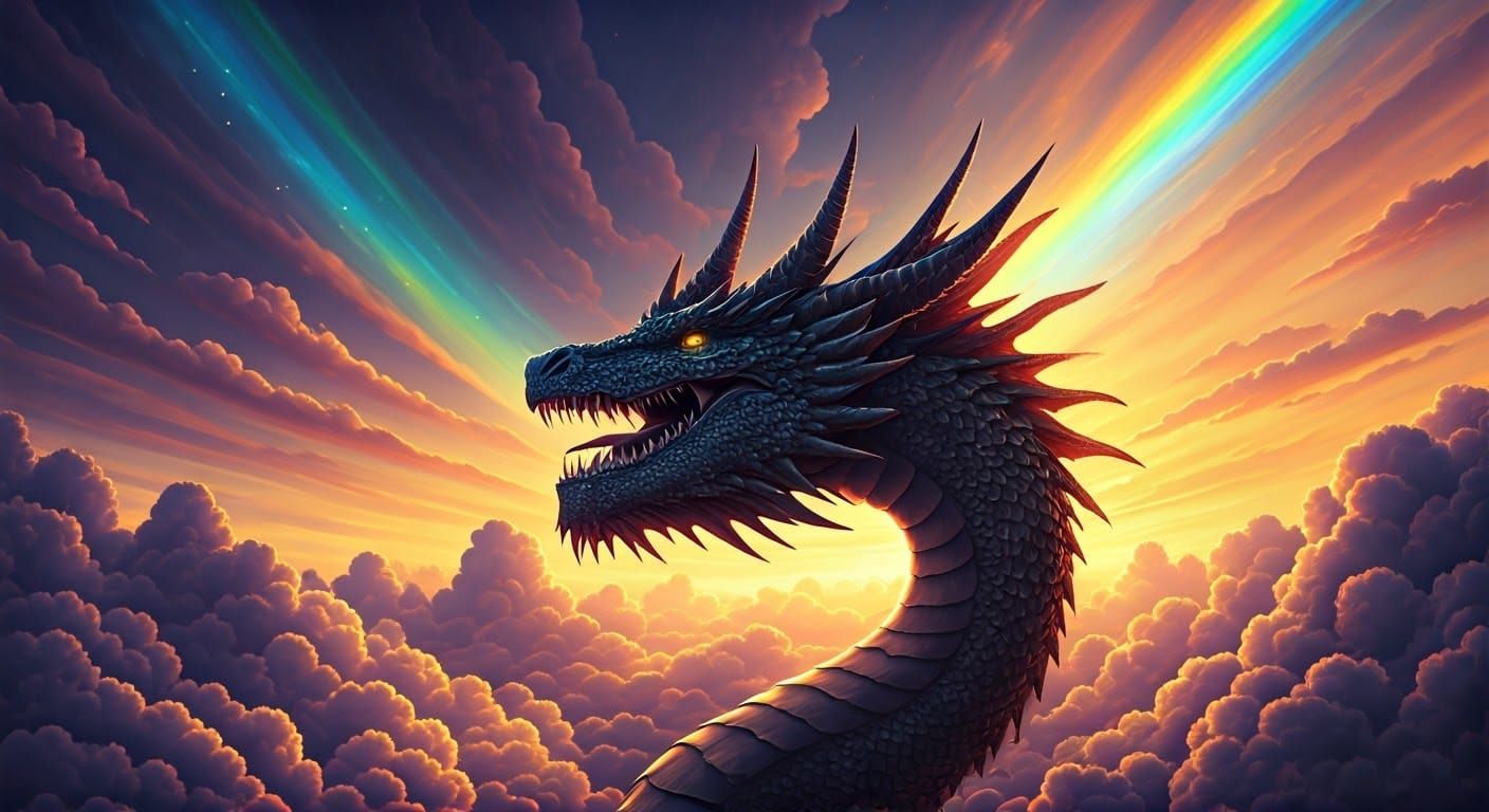 Rainbow Dragon Soaring Among the Clouds