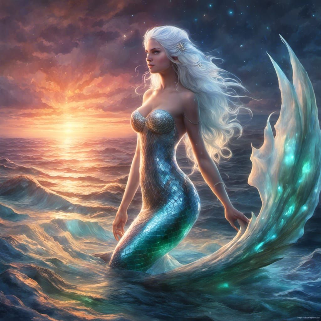 Arctic Mermaid Under Aurora Borealis: Art Nouveau Style