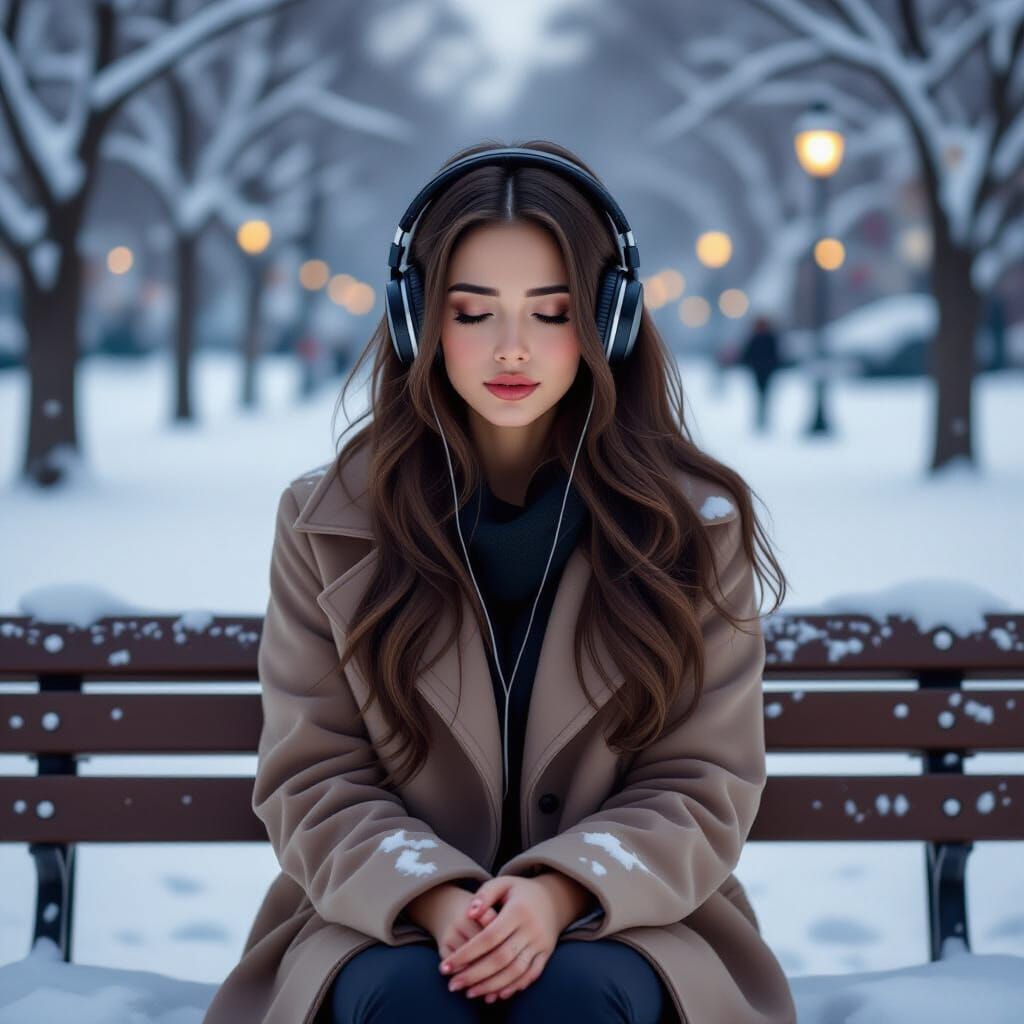Sad Woman on Snowy Bench with Headphones