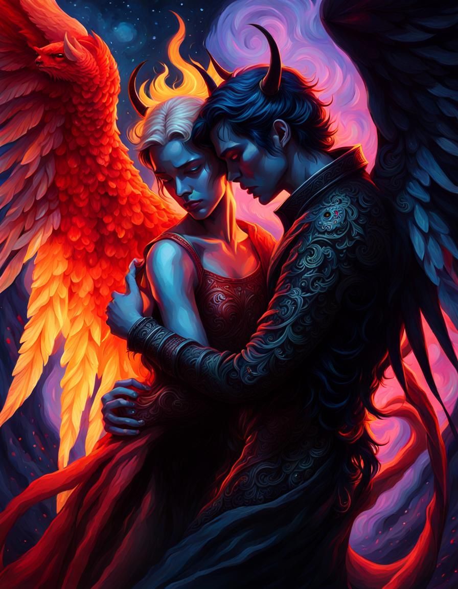 A demon and an angel hugging