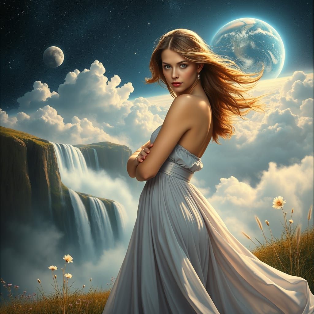 Serene Woman in Flowing Dress Amidst Cosmic Celestial Scene