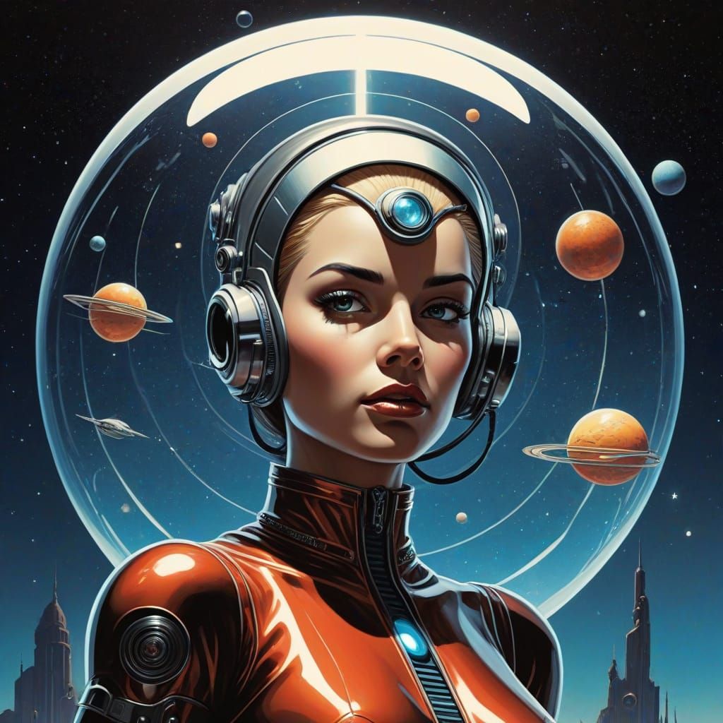 Humanoid Star Creatures in Retro-Futuristic Cosmic Landscape