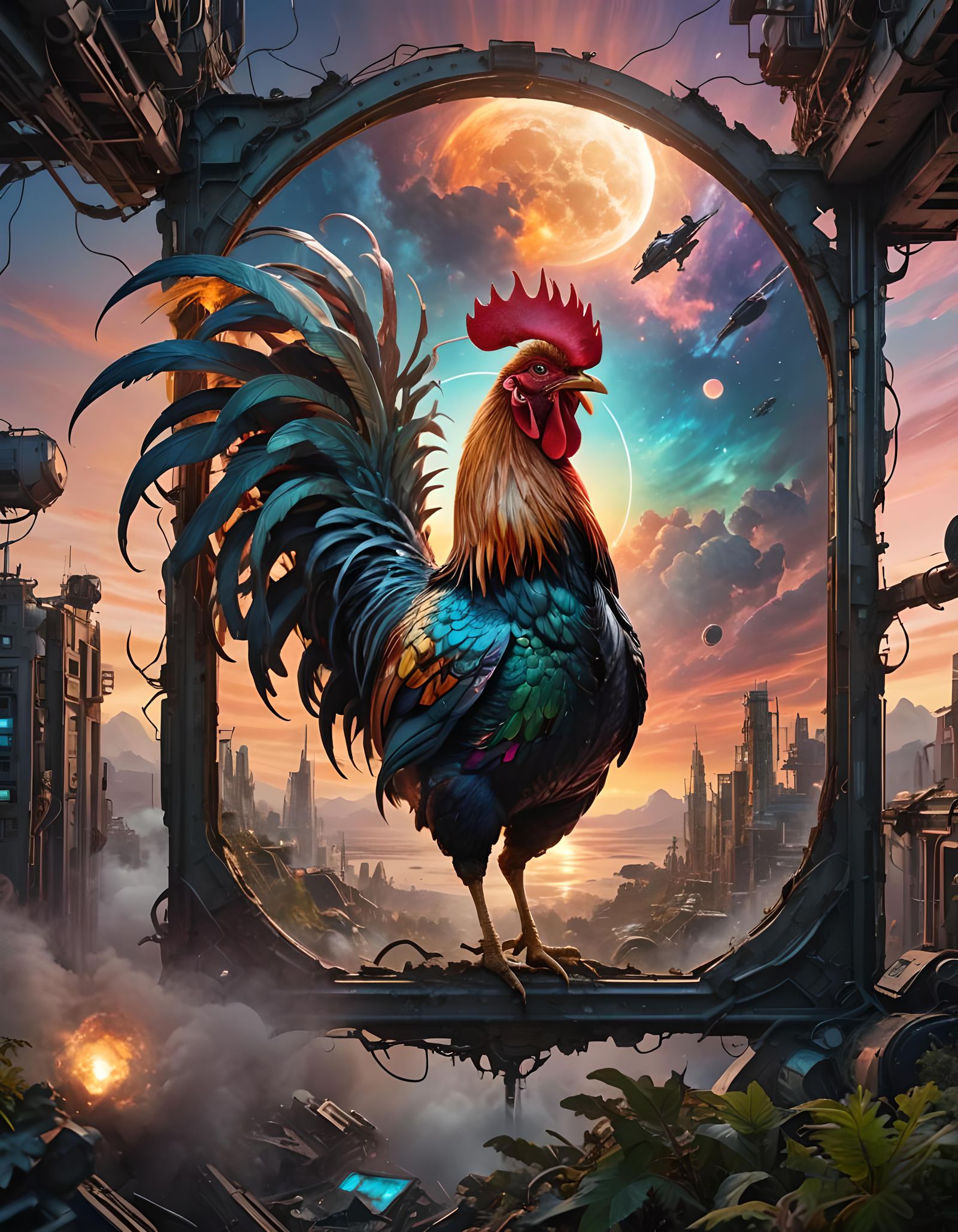 Cyborg Rooster Portal to Sci-Fi Jungle