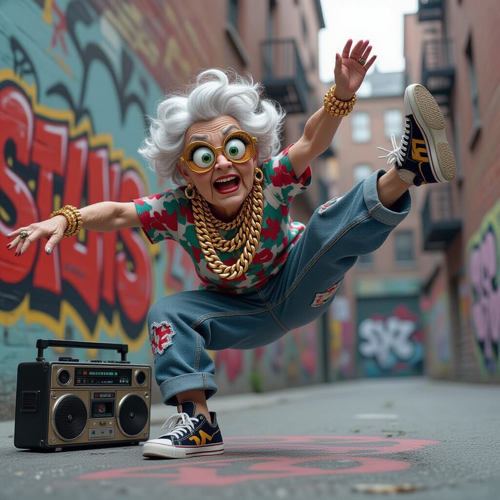 Grandma Breakdancing in Graffiti Alley as Digital Art