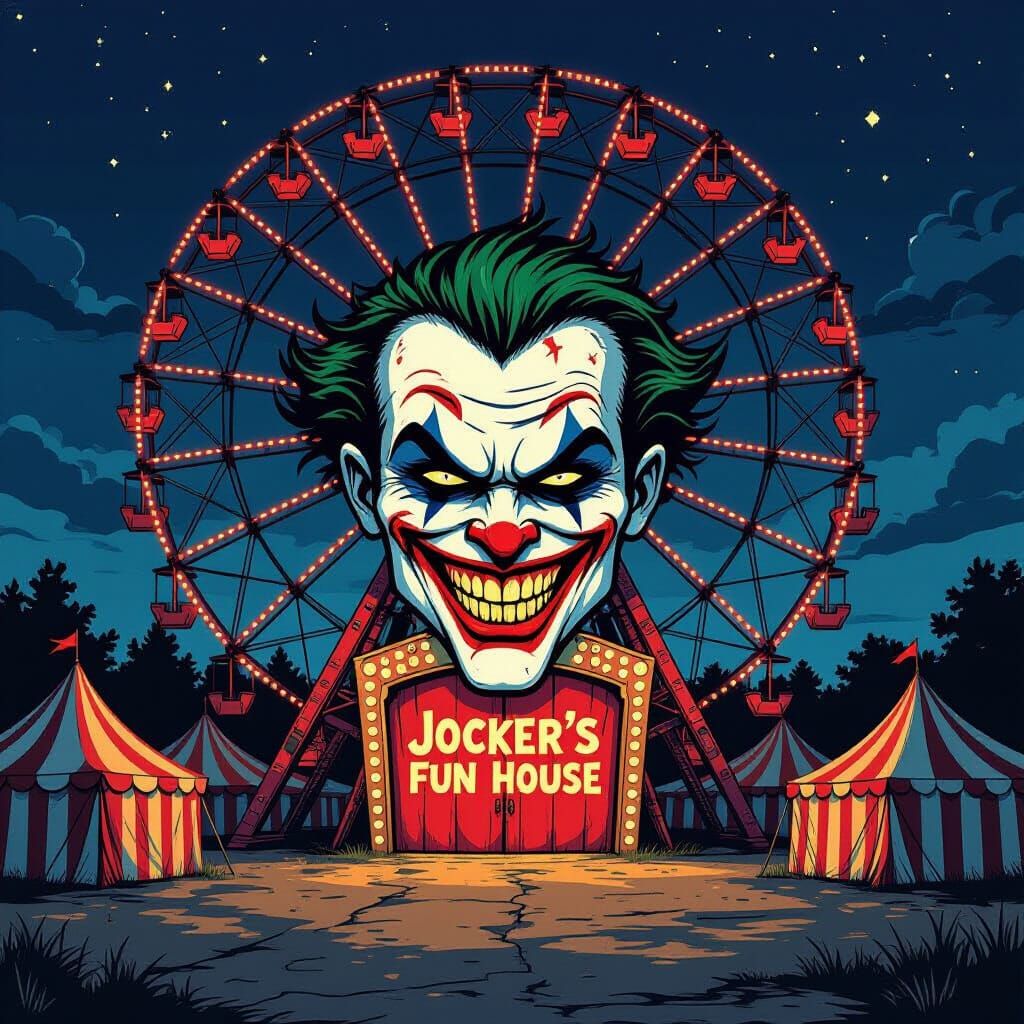 Abandoned Carnival Entrance with Joker Head Door at Night