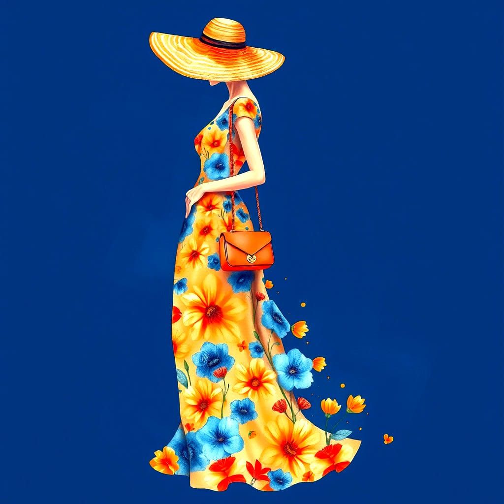 Woman in Watercolor Flower Gown, Photorealistic Style