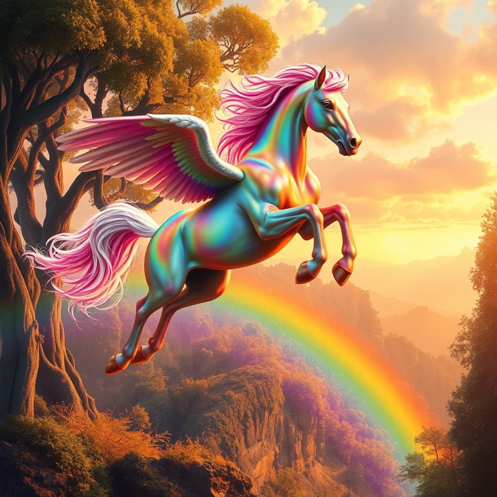 Surreal Pegasus in Vibrant Impressionist Landscape