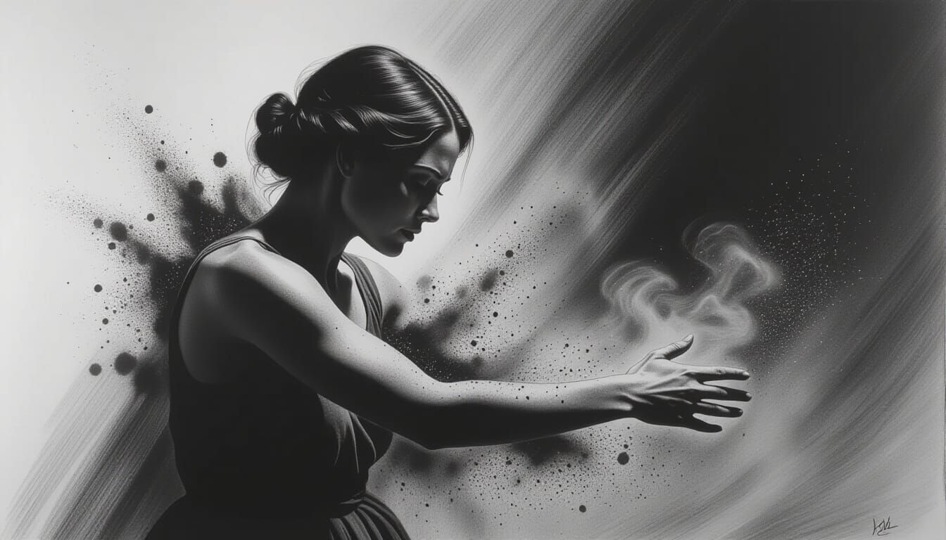 Woman Crumbles to Dust in Charcoal Drawing