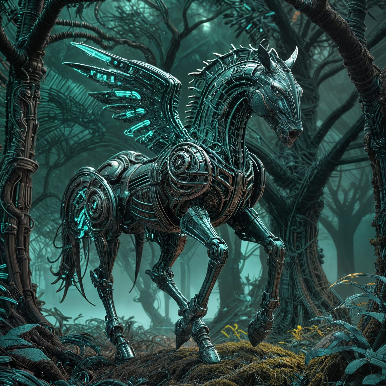 Gigeresque Bio-Mechanical Horse Emerges from Cyber Oak Fores...