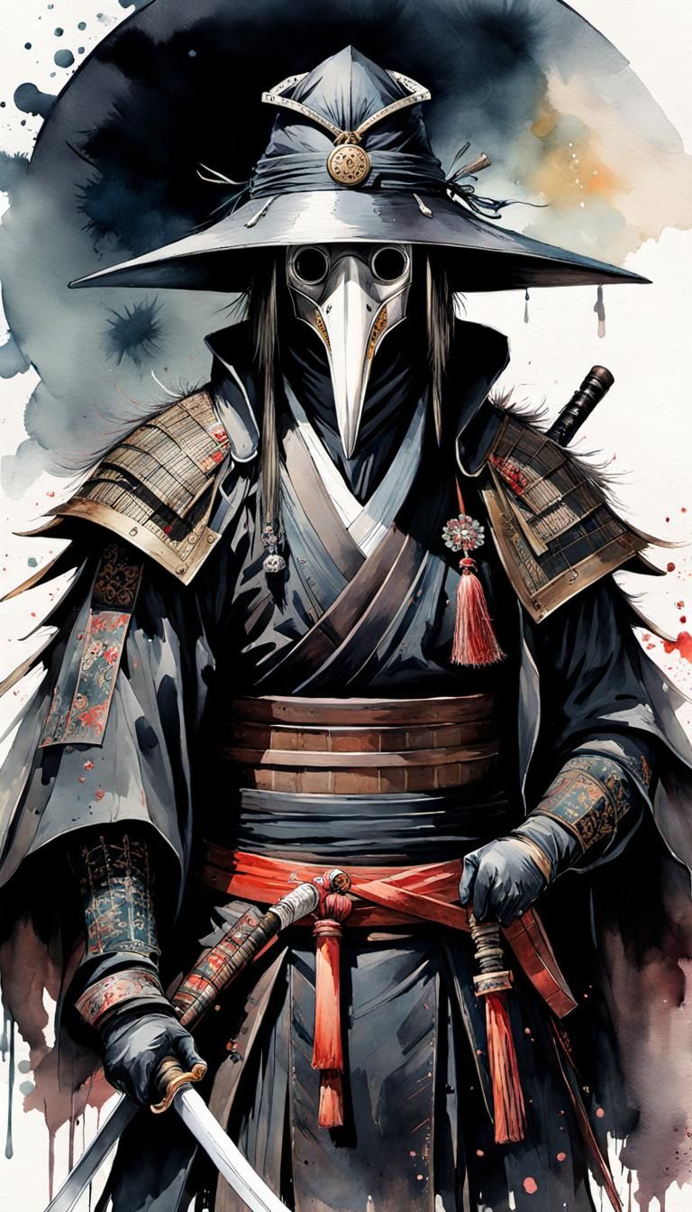 Samurai Plague Doctor in Watercolor Manga Style
