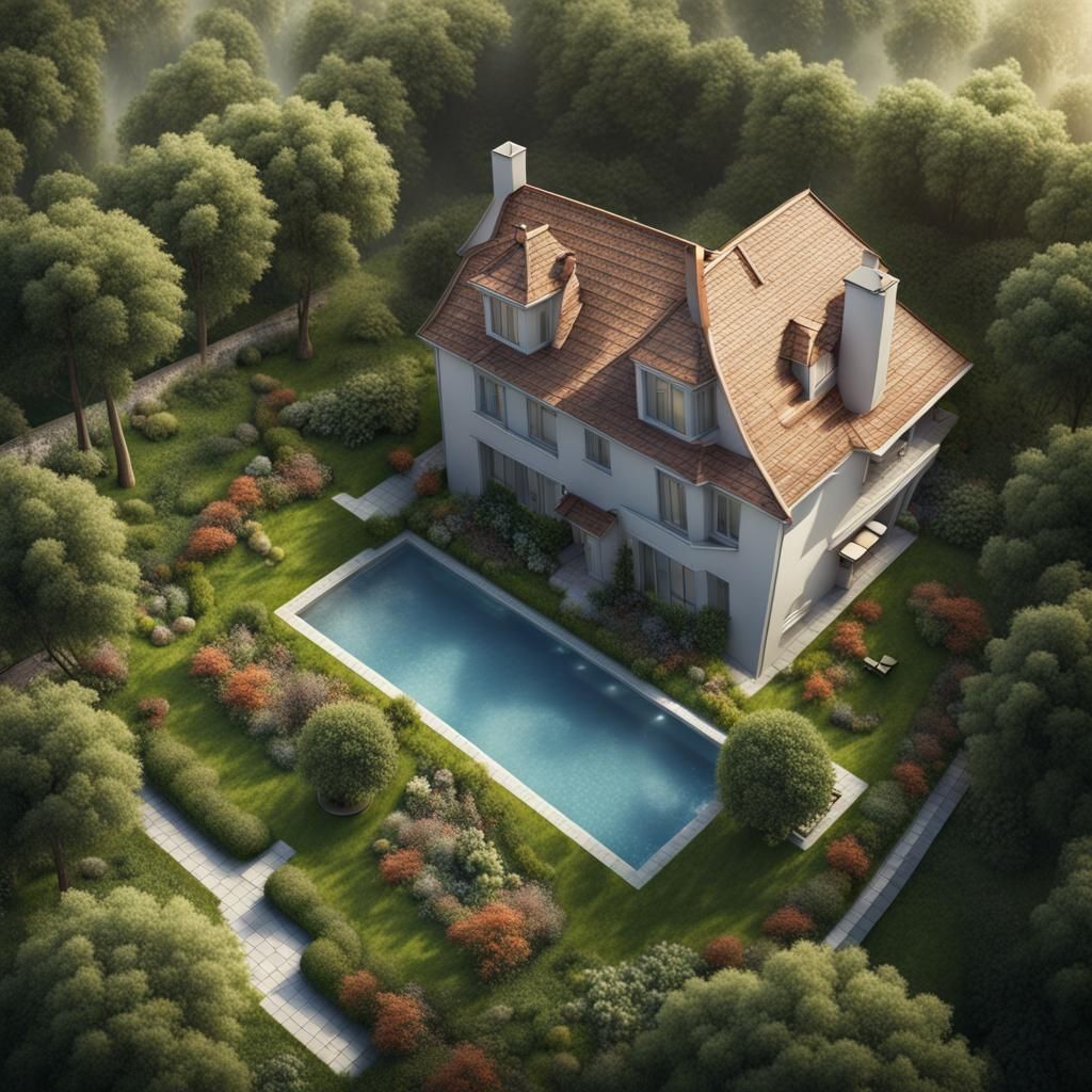 Aerial View of House with Garden in Matte Painting