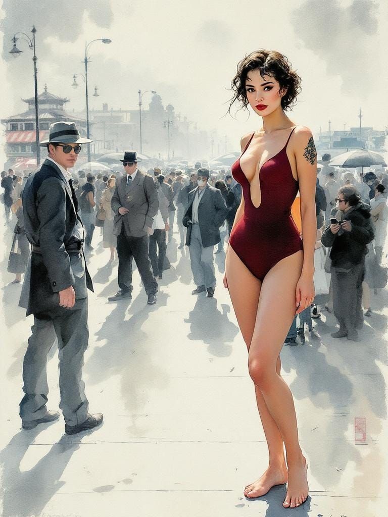 Vintage Pin-Up in Atmospheric Watercolor Style