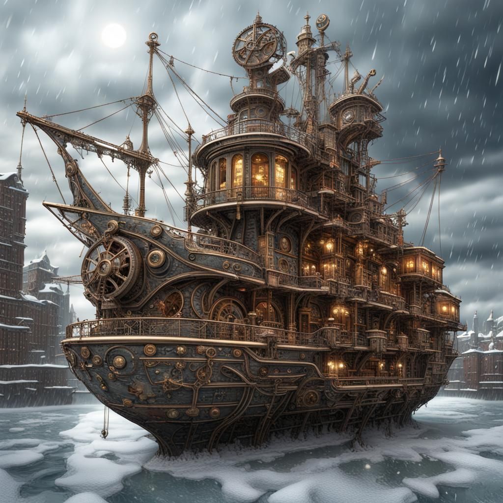 Steampunk ship in harbor