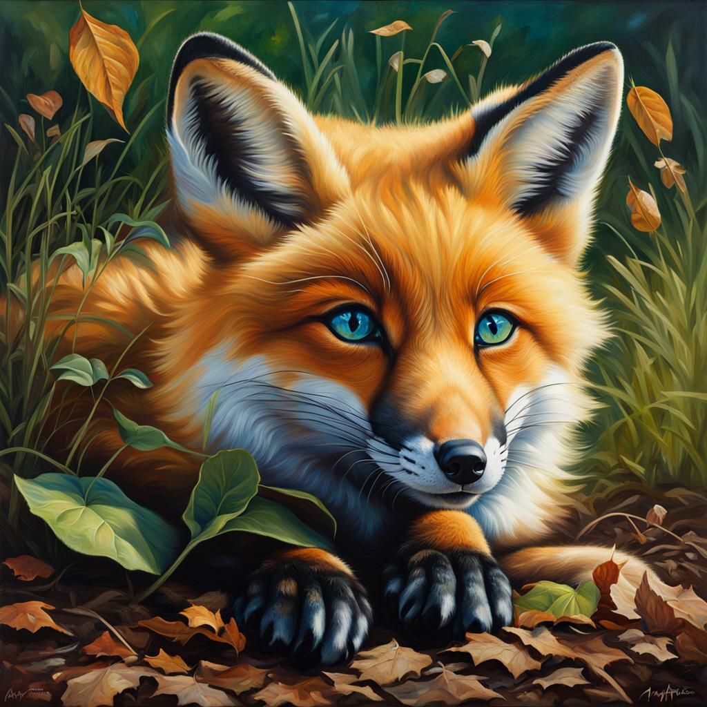 Cute Fox Portrait in Oil Paint with Falling Leaves