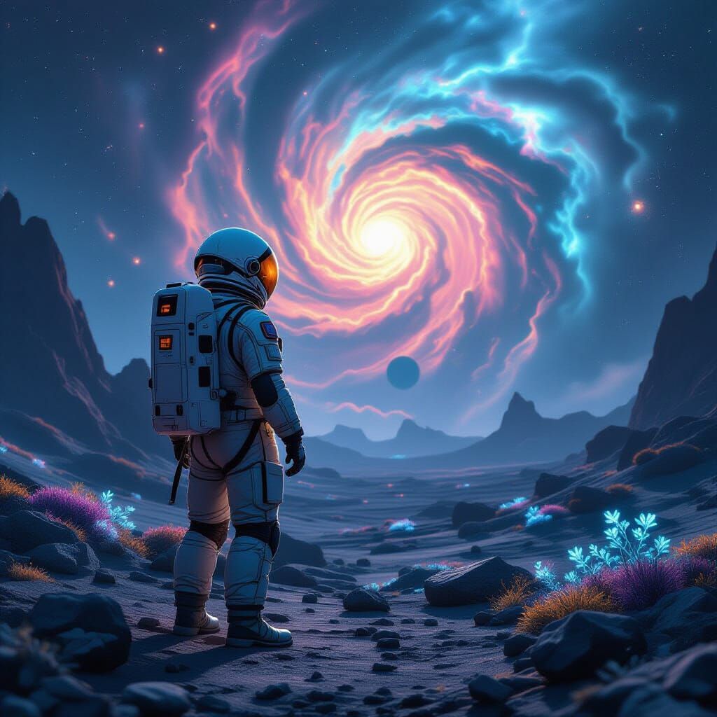 Astronaut on Alien Planet Gazing at Nebula
