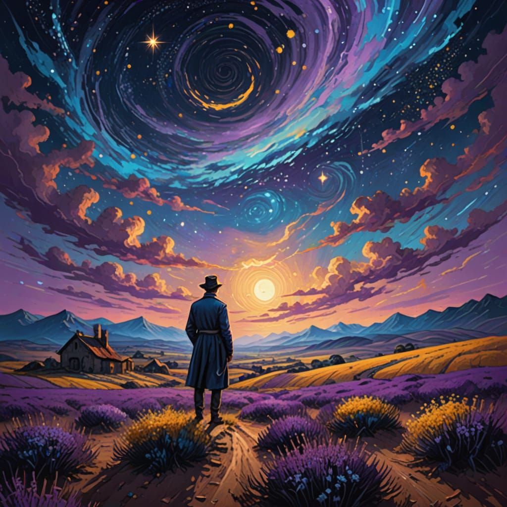 Ethereal Figure in Vibrant Starry Night Landscape