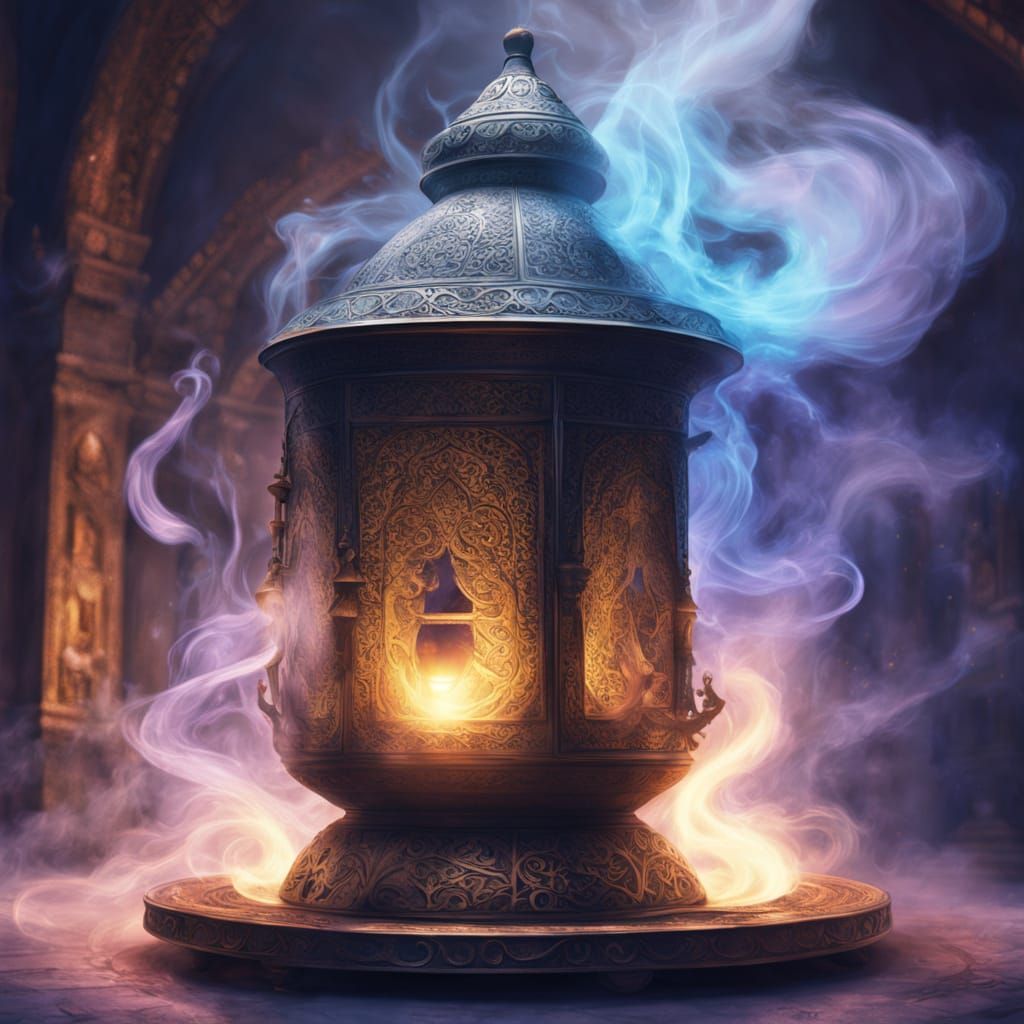 Genie Emerges from Magic Lamp in Blue Smoke