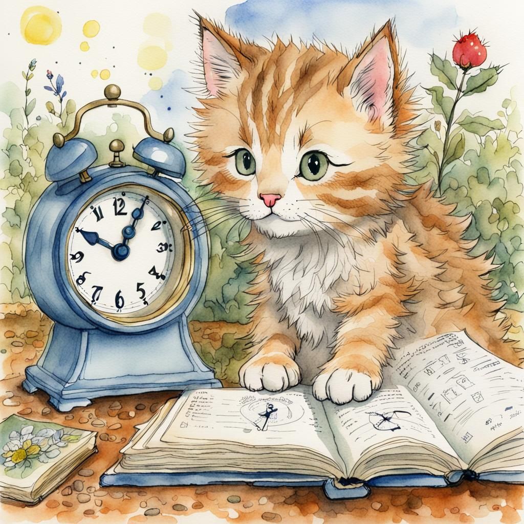 Fluffy Kitten Watches the Clock: Storybook Illustration