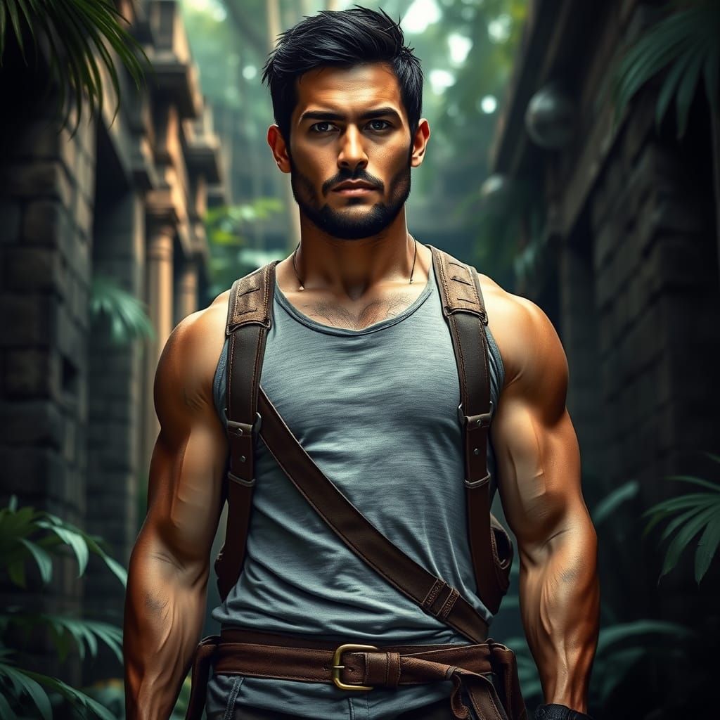 Man Posing in Jungle Ruins as Uncharted Character