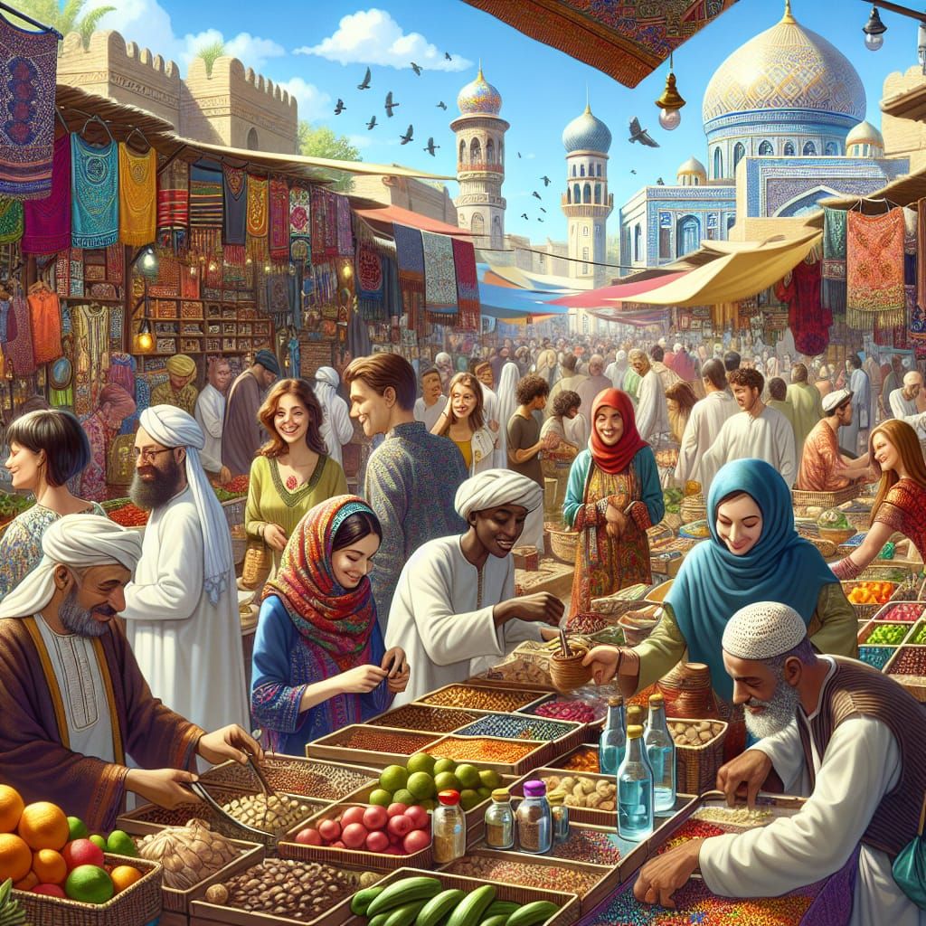 Colorful Traditional Market Scene with Diverse Shoppers