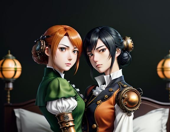 Kemono Twin Sisters Kissing in Steampunk Manga Style