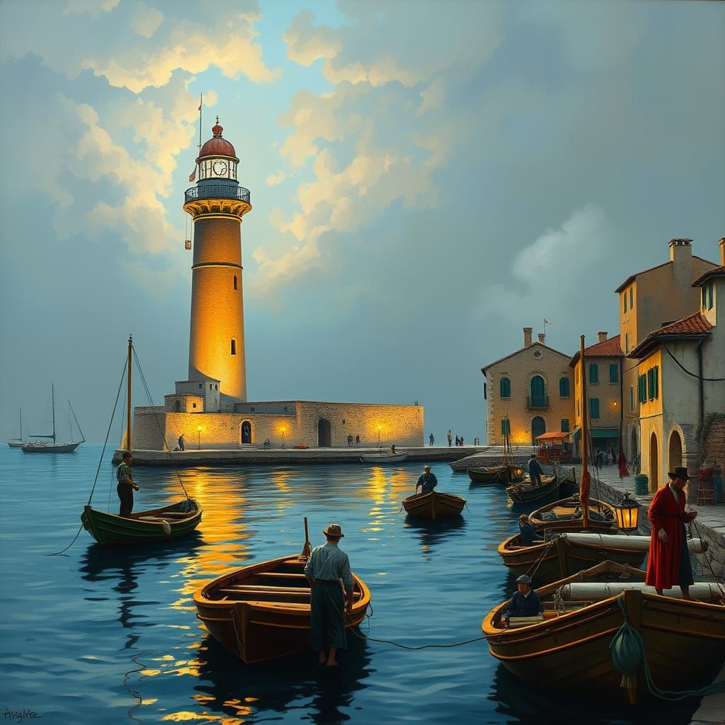 Picturesque Italian Harbor Lighthouse in Impressionist Style