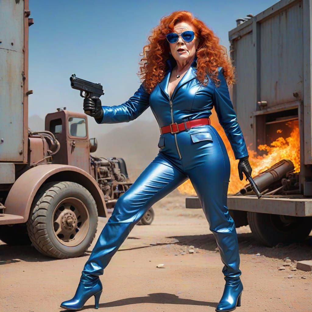 Mature Woman in Leather Firing Submachine Gun