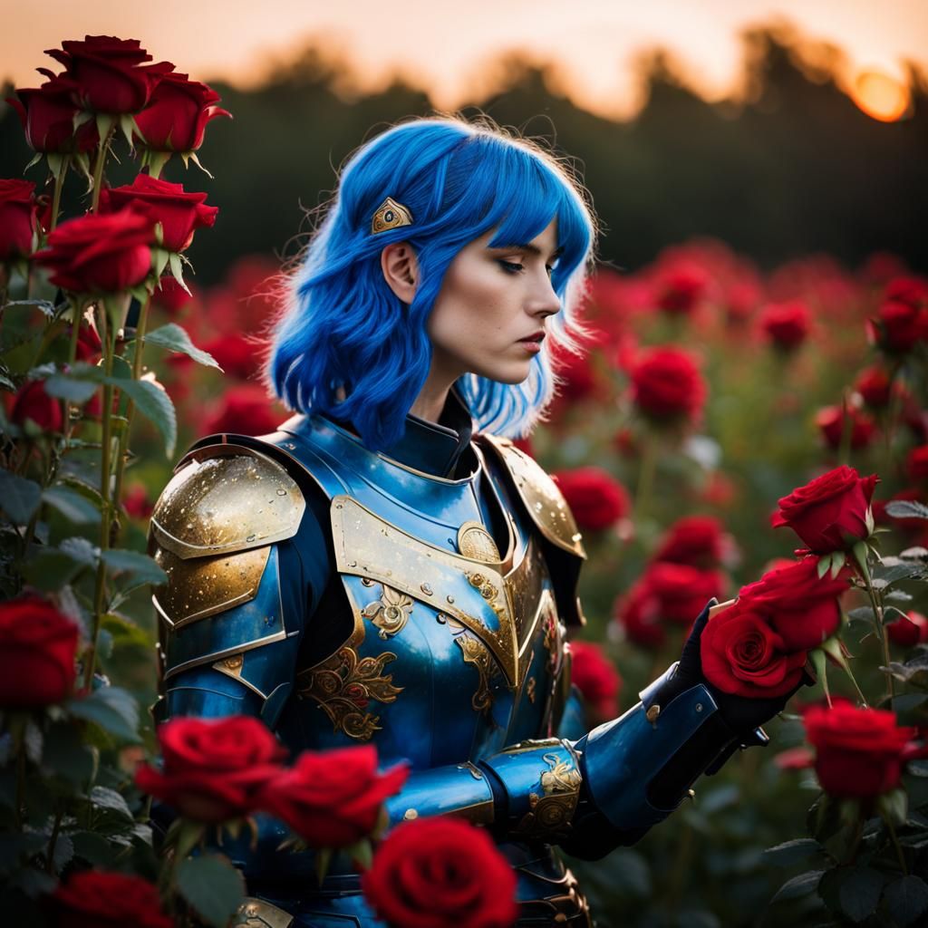 Blue-Haired Knight in Golden Armor Sniffing Rose