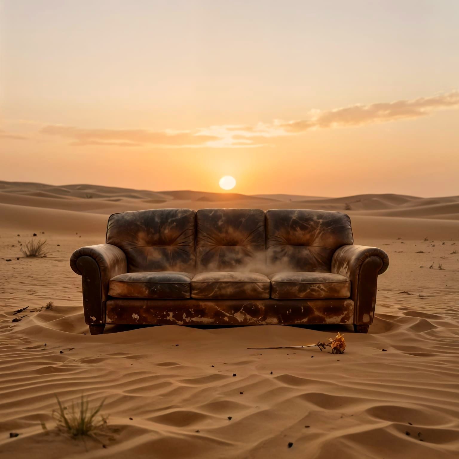 Abandoned Sofa in Vast Desert Under Binary Sunset