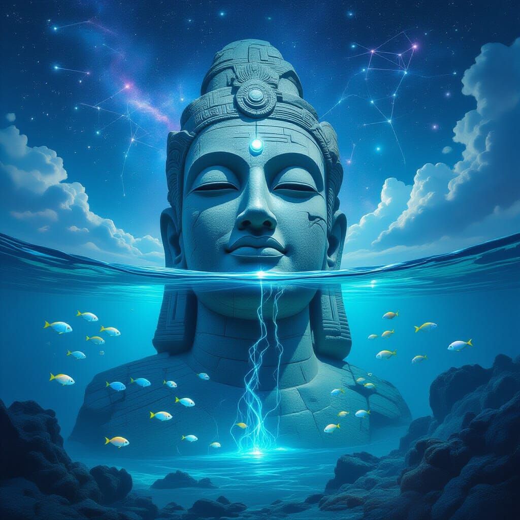 Ancient Deity Statue in Shimmering Otherworldly Ocean