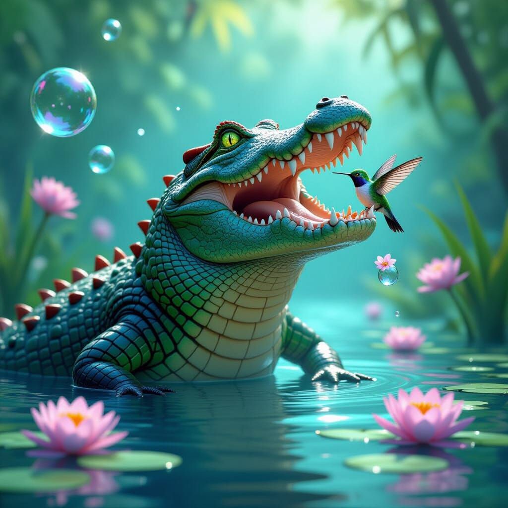 Massive Crocodile & Hummingbird in Mystical Swamp