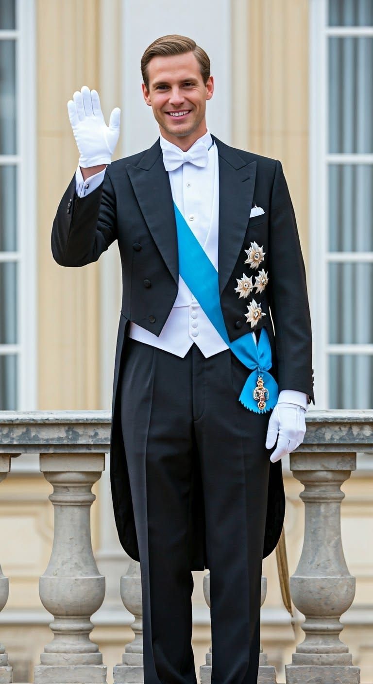 Regal Prince in Formal Tuxedo Attire, Standing on Grand Pala...