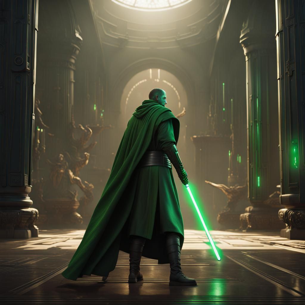 Jedi Knight with Green Lightsaber: Detailed Matte Painting