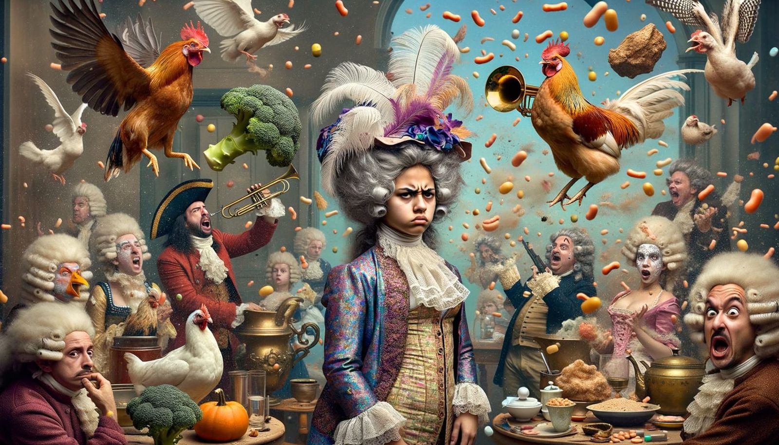 Absurd Rococo Scene with Annoyed Teen and Chickens