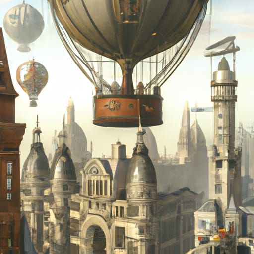 Victorian Cityscape with Airships in Art Deco Style