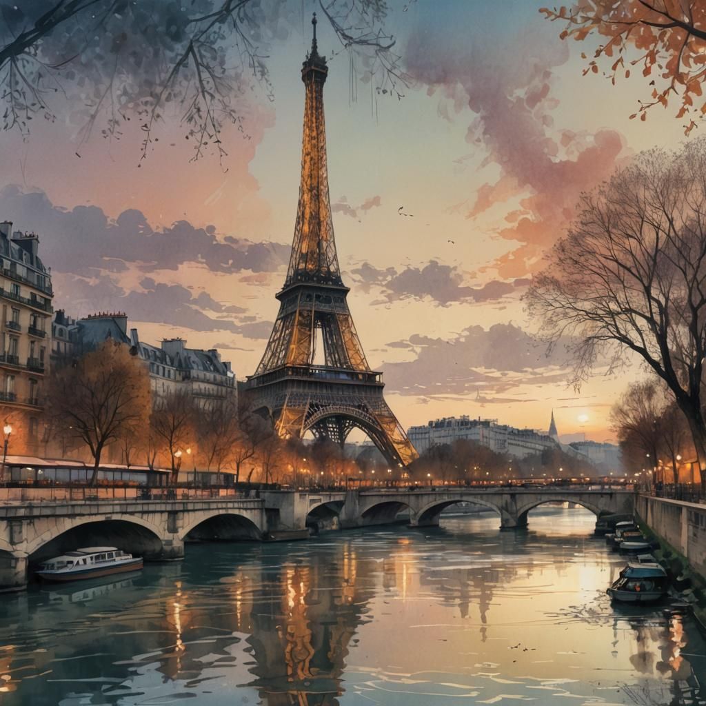 Eiffel Tower at Dawn: Graphite and Watercolor Art