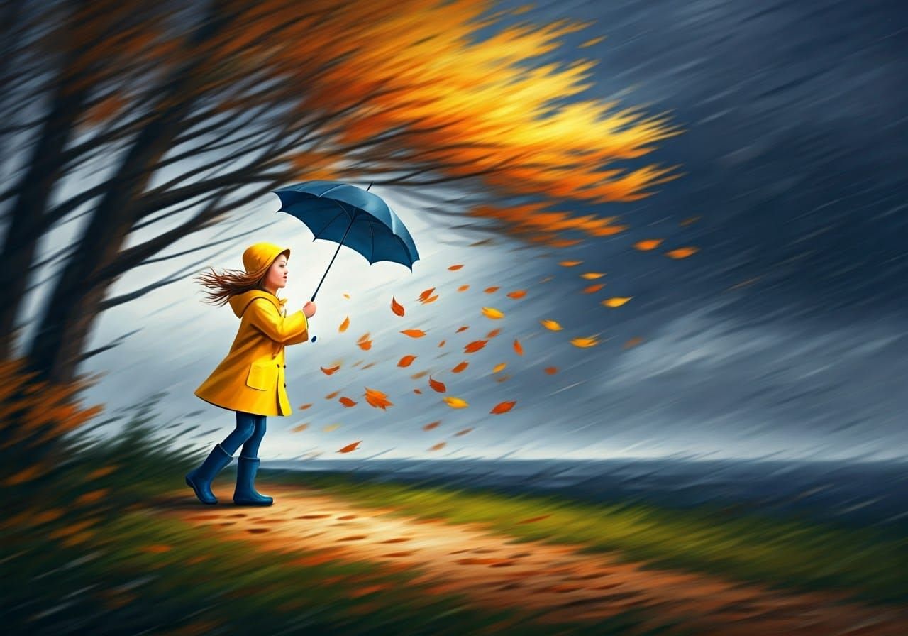 Girl Battles Stormy Wind as Impasto Oil Painting