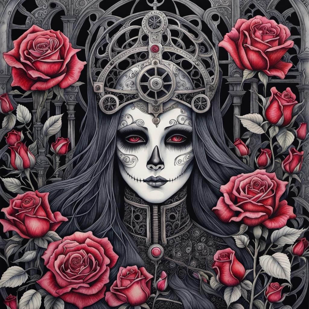 Gothic Ghost Surrounded by Roses in Watercolor